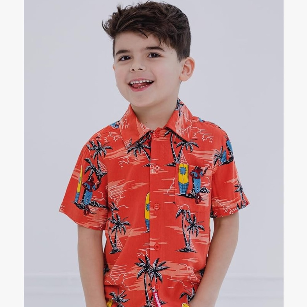 Marvel Spiderman Hawaiian Button Down Shirt with Tropical Print